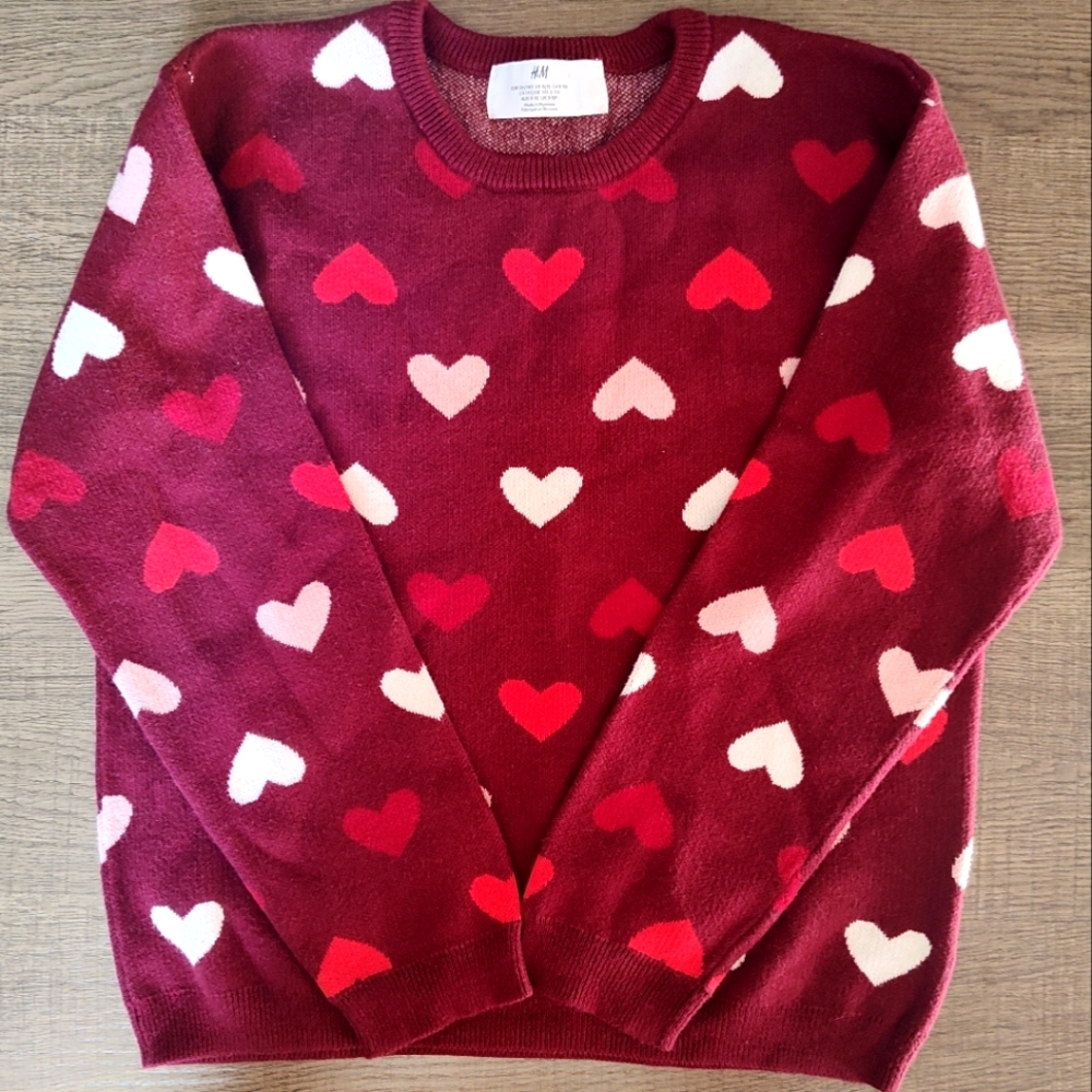 Girls H&M sweater, red with hearts, sz 8/10